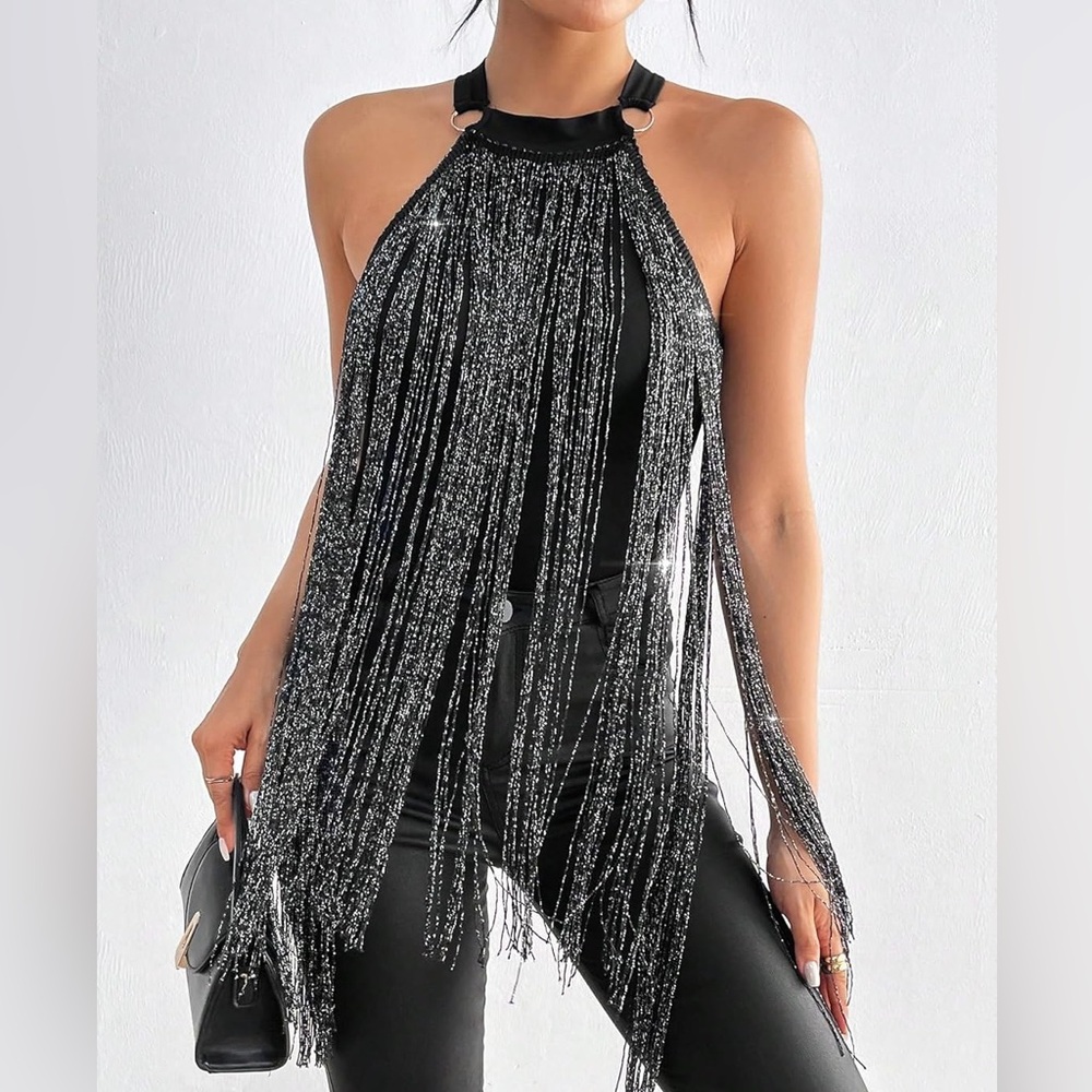 SHEIN Black and Silver Sparkle Fringe Tank Top